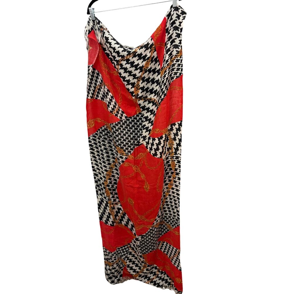 Red Silky Feel Scarf Multi Pattern Houndstooth Chain Links 100% Nylon Oblong